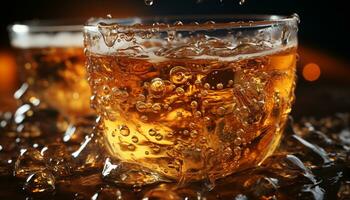 Whiskey Glas auf Tisch, Eis schmelzen, trinken Einrichtung Ambiente generiert durch ai foto