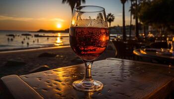 Sonnenuntergang Über das Küste, ein Glas von Wein auf das Tabelle generiert durch ai foto