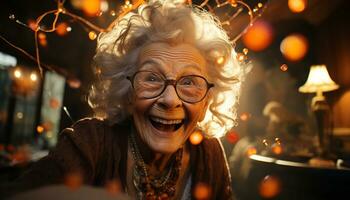 lächelnd Erwachsene Frau, Glück im Feier, Porträt von froh Senior generiert durch ai foto