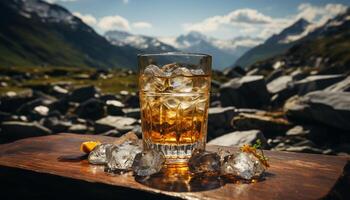 Whiskey Glas auf hölzern Tisch, Berg Landschaft im Hintergrund generiert durch ai foto