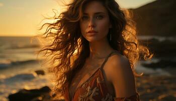 jung Frau mit lange braun Haar, Stehen draußen, genießen das Sonnenuntergang generiert durch ai foto