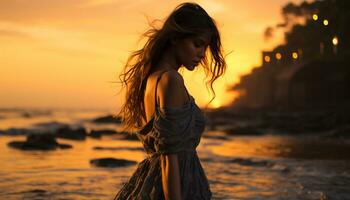 jung Frau genießen das Sonnenuntergang auf ein Strand, Gefühl sorglos und glücklich generiert durch ai foto