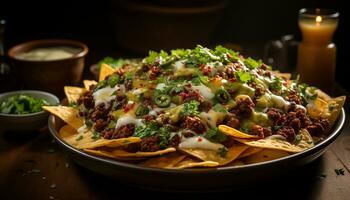 Frische und würzen im ein Gourmet Mexikaner Mahlzeit auf ein Teller generiert durch ai foto