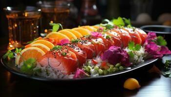 frisch Meeresfrüchte Salat auf ein hölzern Platte, gesund und köstlich generiert durch ai foto