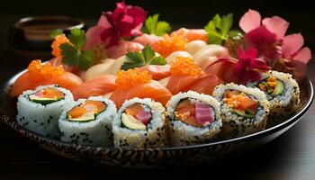 Frische und Kulturen auf ein Teller Sushi, sashimi, Avocado, und Thunfisch generiert durch ai foto