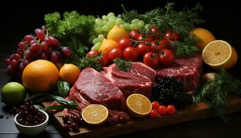Frische von Fleisch und Tomate, Steak mit Zitrone und Obst generiert durch ai foto