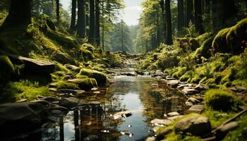 still Szene von ein üppig Grün Wald mit fließend Wasser generiert durch ai foto