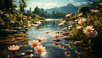 ein still Wiese, gebadet im Sonnenlicht, Blüten mit bunt Wildblumen generiert durch ai foto