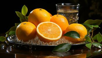 Frische von Zitrusfrüchte Frucht, Zitrone und orange, schließen oben von gesund Essen generiert durch ai foto