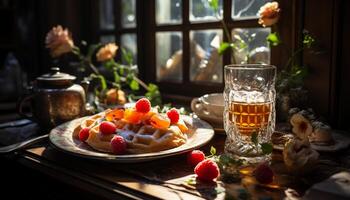 frisch Obst auf ein hölzern Tisch, ein erfrischend Sommer- Snack generiert durch ai foto