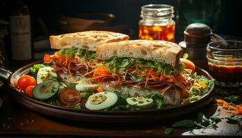 gegrillt Rindfleisch Sandwich auf Ciabatta mit frisch Salat und Guacamole generiert durch ai foto