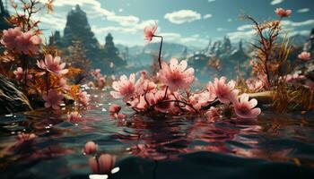 ein schön Strauß von bunt Blumen spiegelt im ein still Teich generiert durch ai foto