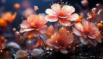 hell Rosa Gänseblümchen blühen im nass Garten, beschwingt Farben feiern Liebe generiert durch ai foto