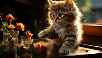 süß Kätzchen Sitzung auf Tisch, spielen mit Spielzeug drinnen generiert durch ai foto