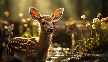 süß Hirsch suchen beim Kamera im Grün Wald Wiese generiert durch ai foto