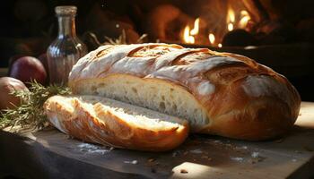 frisch gebacken Brot auf ein rustikal Tisch, bereit zu Essen und köstlich generiert durch ai foto