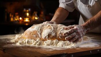 ein Bäcker Hand kneten Teig, vorbereiten hausgemacht Brot generiert durch ai foto