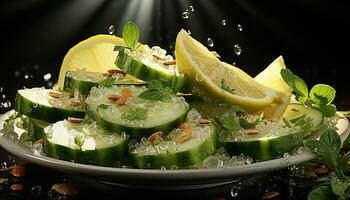 Frische und Gesundheit im ein Gourmet Vegetarier Mahlzeit Gurke, Zitrone, Blatt generiert durch ai foto