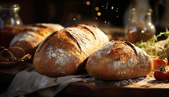 frisch gebacken hausgemacht Ciabatta auf rustikal hölzern Tabelle generiert durch ai foto