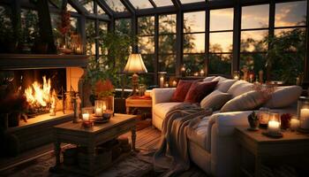 gemütlich modern Leben Zimmer mit komfortabel Sofa und beleuchtet Kerze generiert durch ai foto