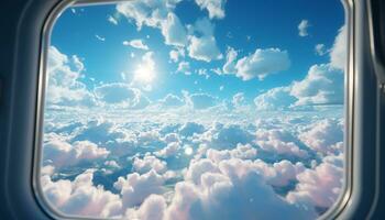 Flugzeug fliegend hoch im das Blau Himmel, ein Fenster zu Himmel generiert durch ai foto