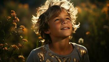 lächelnd Kind genießt sorglos Sommer, spielen draußen im Natur generiert durch ai foto