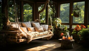 komfortabel modern Leben Zimmer mit Holz Möbel und Natur Aussicht generiert durch ai foto