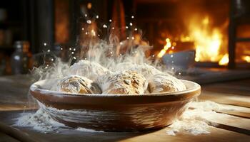 hausgemacht Brot Backen auf Holz, ein köstlich und gesund Mahlzeit generiert durch ai foto