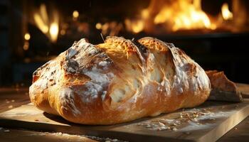 frisch gebacken Brot auf ein hölzern Tisch, bereit zu Essen und köstlich generiert durch ai foto