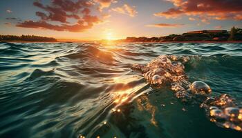 Sonnenuntergang Über das still Blau Wasser, ein perfekt Sommer- Ferien generiert durch ai foto