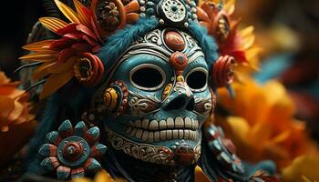 einheimisch Kultur feiert Spiritualität durch beschwingt, multi farbig traditionell Festival Masken generiert durch ai foto