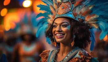 lächelnd Frauen Tanzen Samba, feiern Brasilianer Kultur mit traditionell Kleidung generiert durch ai foto