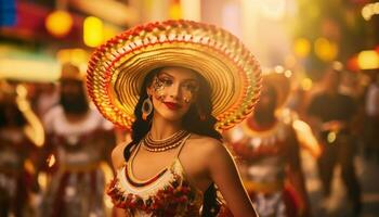 lächelnd jung Frauen Tanzen im traditionell Kleidung beim draussen Festival generiert durch ai foto