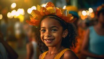 lächelnd afrikanisch Mädchen, draußen, genießen festlich Feier mit Familie und freunde generiert durch ai foto