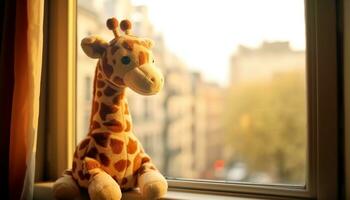 süß Giraffe Spielzeug Sitzung auf Fenster Schwelle, suchen draußen spielerisch generiert durch ai foto