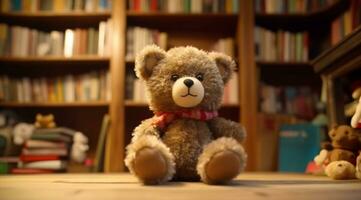 Spielzeug Teddy Bär Sitzung auf Bücherregal, umgeben durch Kindheit Erinnerungen generiert durch ai foto