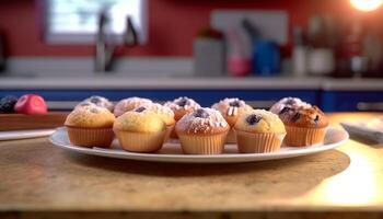 frisch gebacken hausgemacht Muffins auf ein hölzern Tisch, rein Genuss generiert durch ai foto