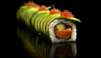 Frische und Gourmet Mahlzeit Avocado, Meeresfrüchte, maki Sushi, sashimi, Nigiri generiert durch ai foto
