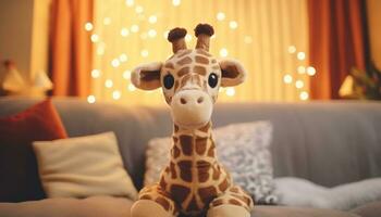 süß Giraffe Spielzeug auf Bett, ein spielerisch und heiter Dekoration generiert durch ai foto
