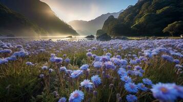 Blau Blume Feld durch das See im Natur Licht, Berg Betrachtung im das See, Sonnenlicht und Berge im das Hintergrund. generativ ai foto
