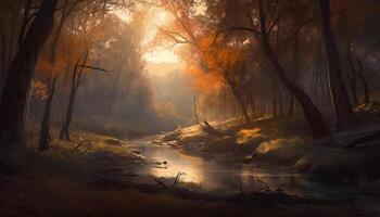 mysteriös Wald beim Dämmerung, nebelig Herbst Schönheit generiert durch ai foto