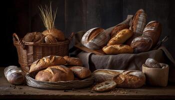 Fülle von frisch gebacken Französisch Brot rustikal Korb generiert durch ai foto