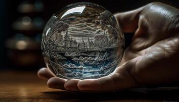 Hand halten Kristall Globus, erkunden Neu Ideen generiert durch ai foto