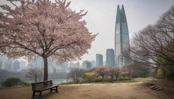 Wolkenkratzer und Baum, Stadt Leben im Natur generiert durch ai foto