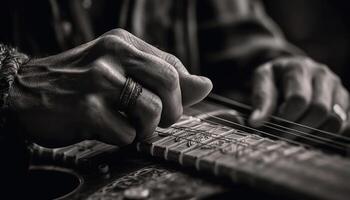 kaukasisch männlich Musiker spielen akustisch Gitarre mit selektiv Fokus auf Griffbrett generiert durch ai foto