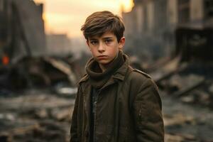 wenig Junge Stehen im Ruinen während Krieg. generativ ai foto