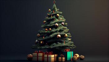 Winter Feier Weihnachten Baum geschmückt mit Geschenke generiert durch ai foto