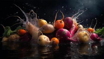 Frische planschen im unter Wasser Tomate und Fisch generiert durch ai foto