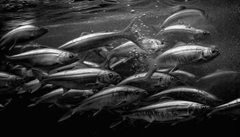 Schule von Fisch im schwarz und Weiß Riff generiert durch ai foto