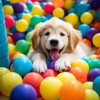 ein golden Retriever Hündchen friedlich Schlafen solide im ein bunt Ball Grube. ai generativ foto